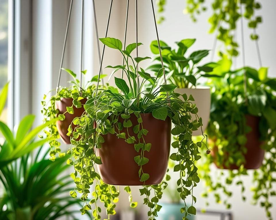 Hangende plantenpotten met een zelfirrigatiesysteem